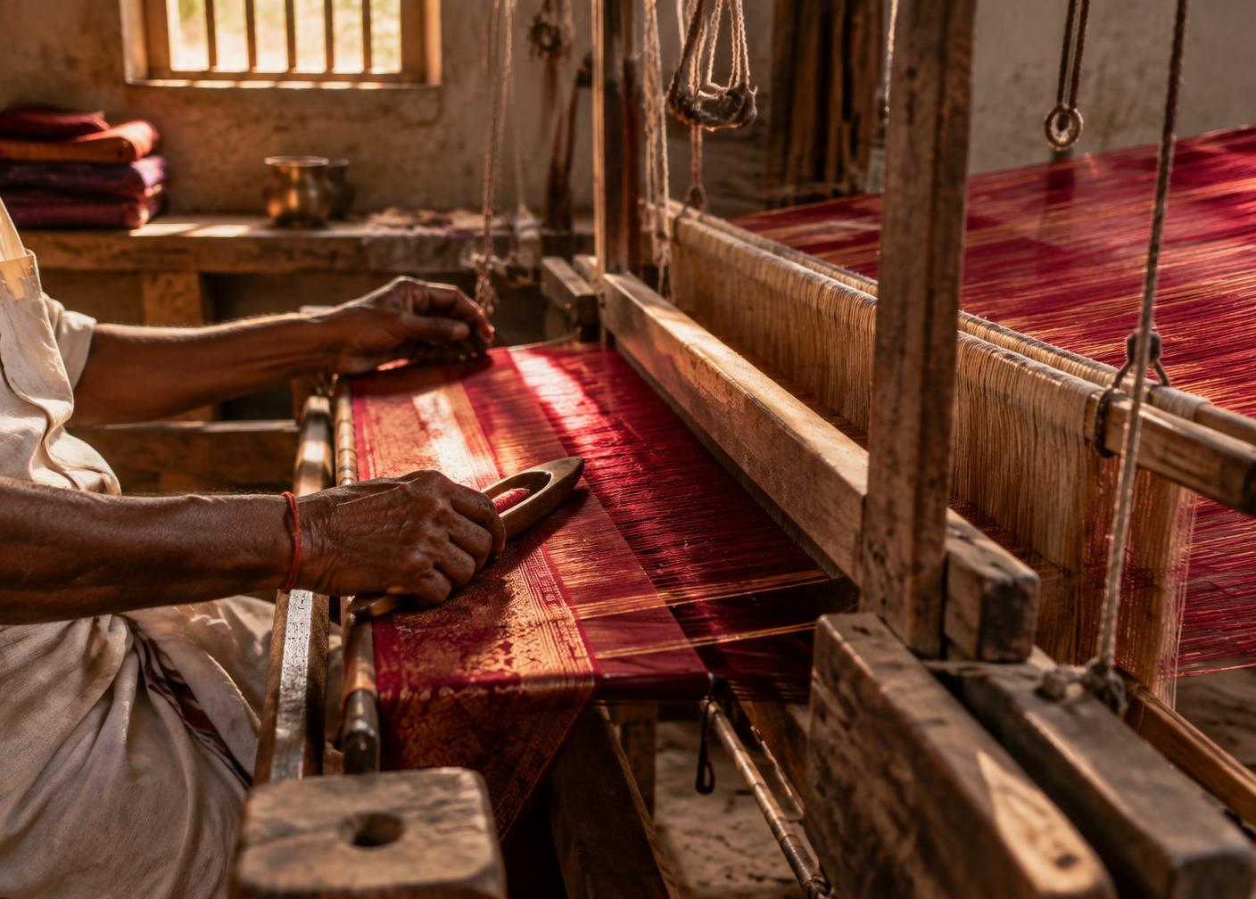 Hands weaving crimson silk on a traditional wooden handloom